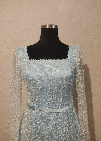 İşlemeli Uzun Kollu Mavi Abiye Elbise - Görsel 7