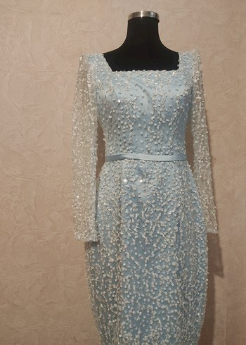 İşlemeli Uzun Kollu Mavi Abiye Elbise - Görsel 5