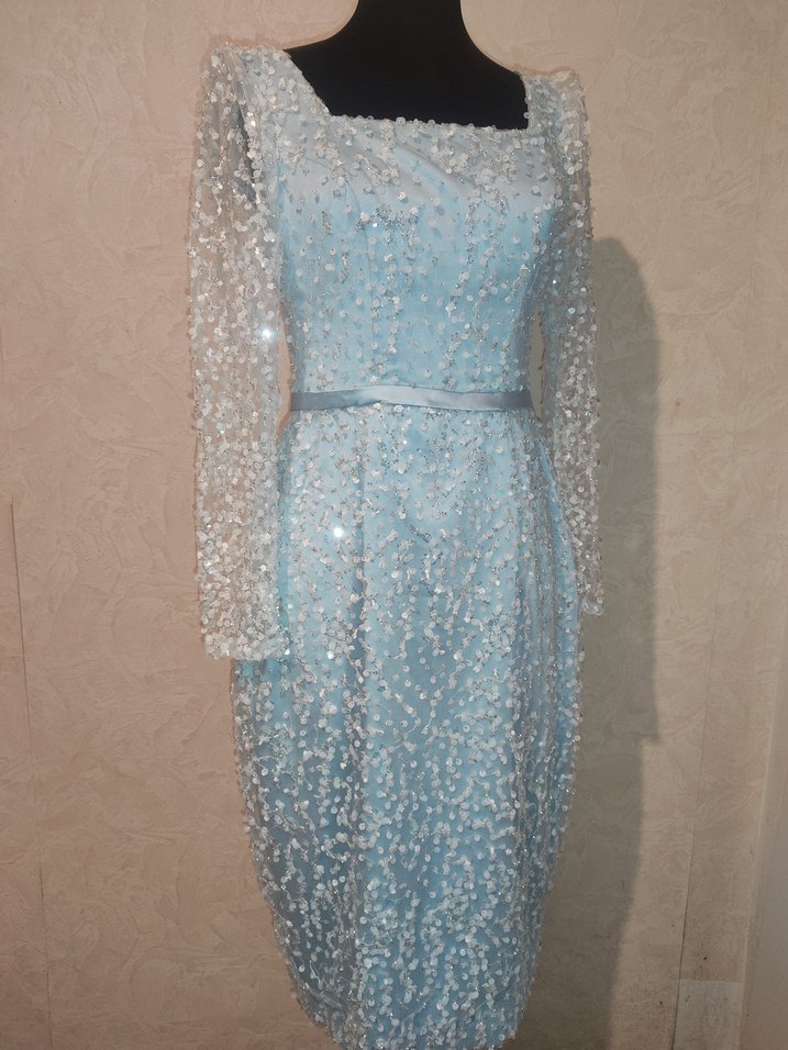 İşlemeli Uzun Kollu Mavi Abiye Elbise - Görsel 2