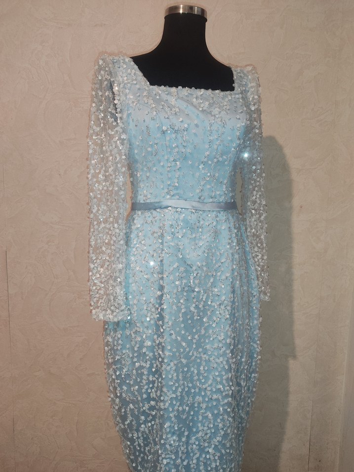 İşlemeli Uzun Kollu Mavi Abiye Elbise - Görsel 3