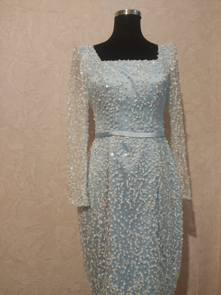 İşlemeli Uzun Kollu Mavi Abiye Elbise - Görsel 5