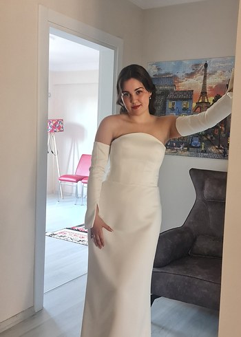 Diğer Beyaz Straplez Uzun Düz Nişan Elbisesi