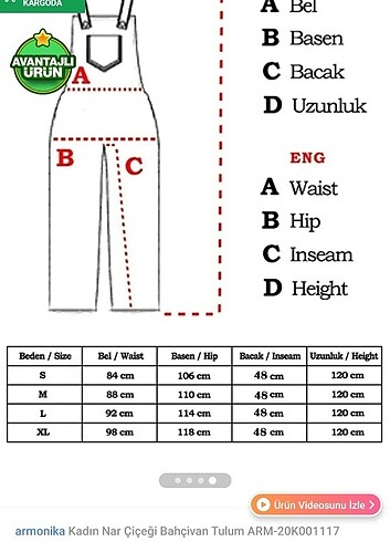 m Beden kırmızı Renk Bahçıvan tulum nar çiçeği
