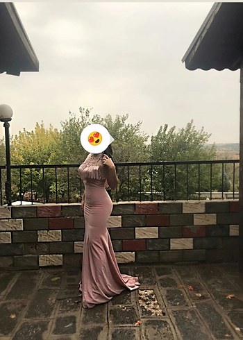 Pembe Uzun Drapeli V Yaka Nişan Elbisesi