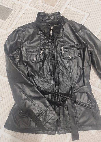 Kemerli Siyah Deri Biker Ceket - Görsel 2