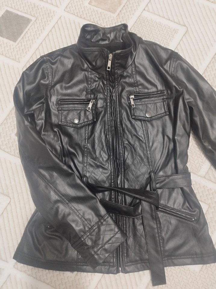 Kemerli Siyah Deri Biker Ceket - Görsel 2