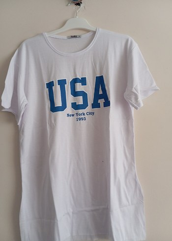 Beyaz Kadın USA Baskılı Kısa Tişört