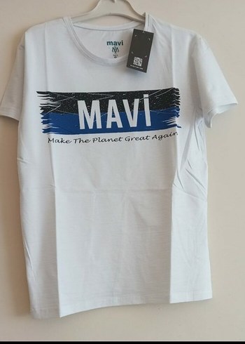 Mavi Baskılı Beyaz Erkek Tişört