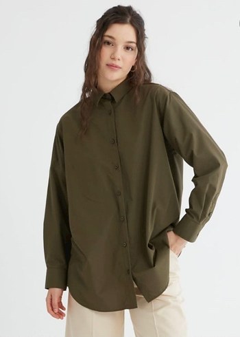 Kadın Haki Oversize Uzun Kollu Gömlek