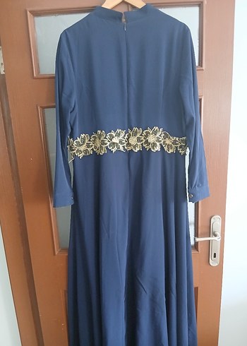 Kemer Detaylı Uzun Kollu Mavi Abiye Elbise - Görsel 5