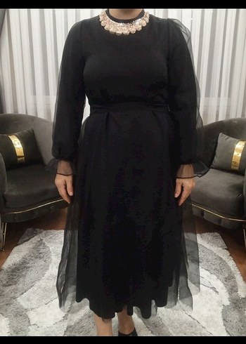 Uzun Siyah Kadın Abiye Elbise - Görsel 6