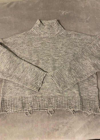 Gri Yüksek Yakalı Örgü Kadın Kazak - Görsel 2