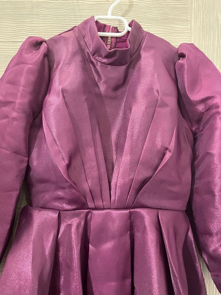 Uzun Mor Drapeli Kadın Abiye Elbise - Görsel 2