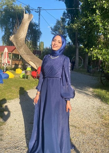 Uzun, Salaş, Drape Detaylı Mavi Kadın Abiye Elbise