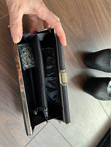  Beden Siyah simli abiye clutch el çantası