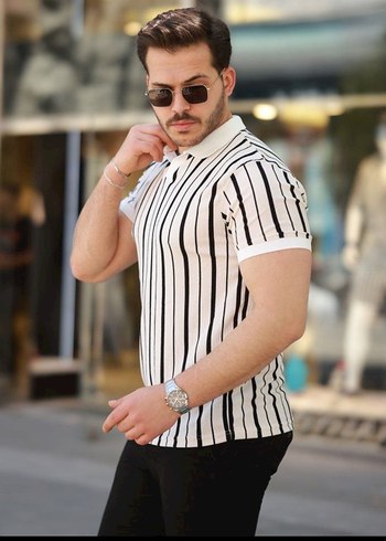 Diger Beyaz Siyah Çizgili Polo Tişört