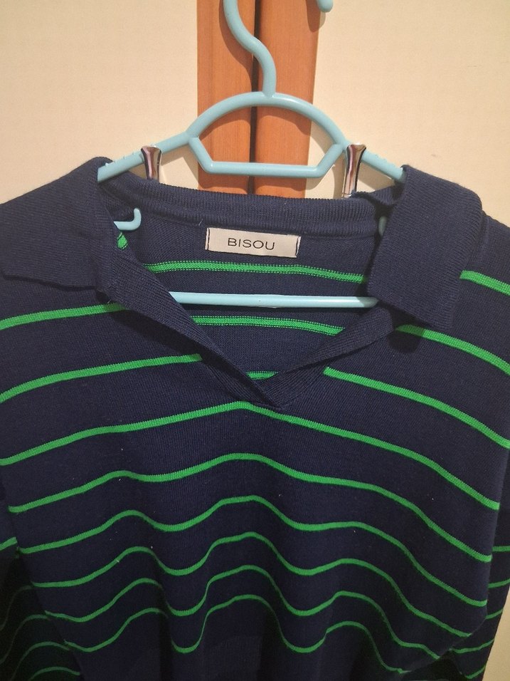 Yeşil Çizgili Uzun Kollu Triko Kazak - Görsel 3