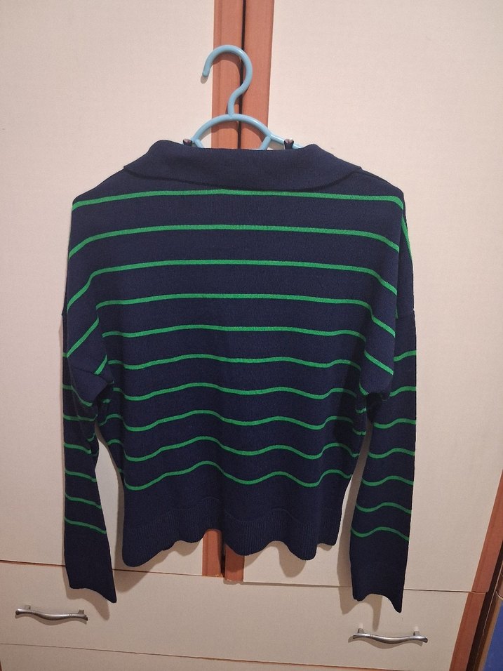 Yeşil Çizgili Uzun Kollu Triko Kazak - Görsel 5