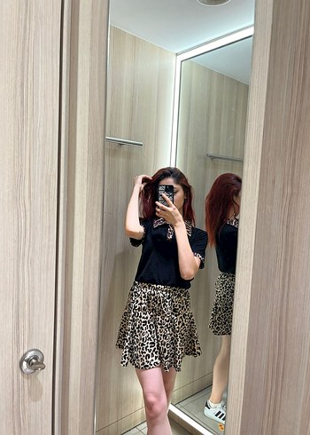 m Beden Bej Leopar Desenli Mini Etek