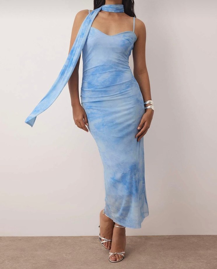 Mavi Straplez Uzun Bağlamalı Elbise - Görsel 2