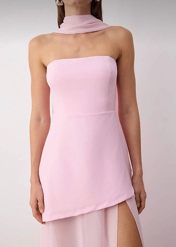 Pembe Drapeli Straplez Mini Elbise