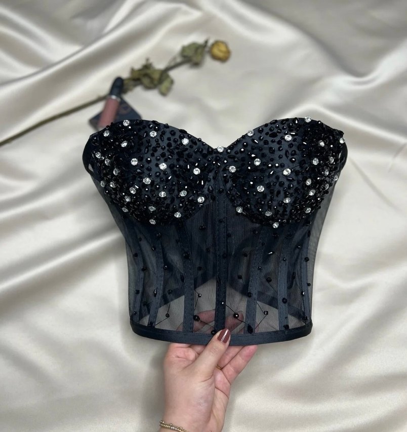 Parlak Siyah Straplez Mini Bustiyer - Görsel 2