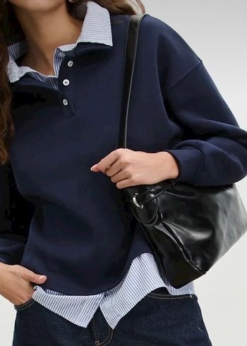 Düğmeli Yakalı Mavi Kadın Sweatshirt - Görsel 2