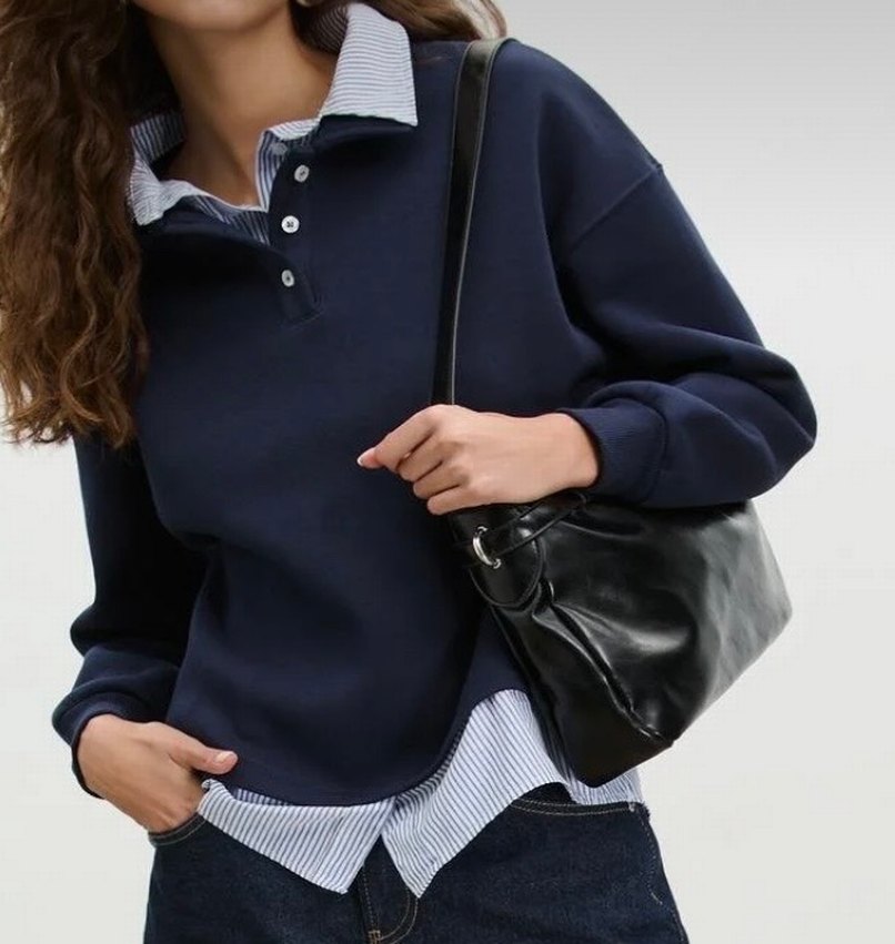 Düğmeli Yakalı Mavi Kadın Sweatshirt - Görsel 2