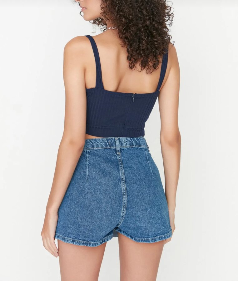 Mavi pileli normal bel mini şort - Görsel 2