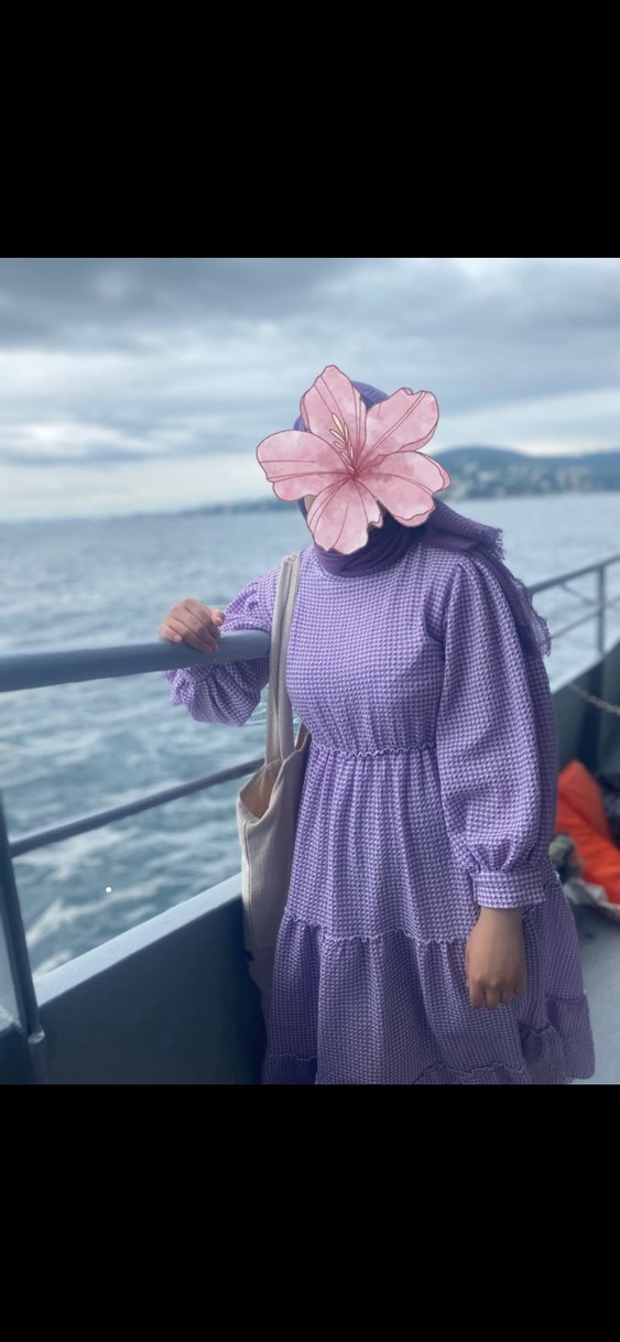 Mor Uzun Kollu Fırfırlı Uzun Elbise - Görsel 2