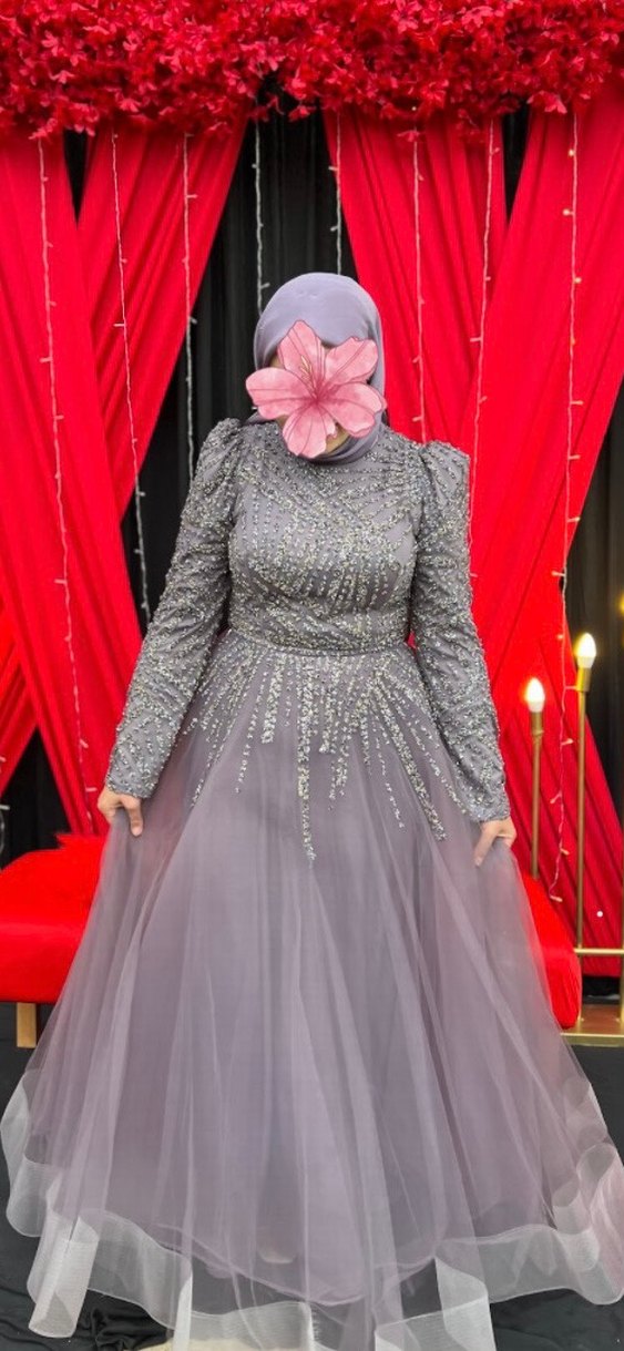 Mor Uzun Kollu Drapeli Abiye Elbise - Görsel 2