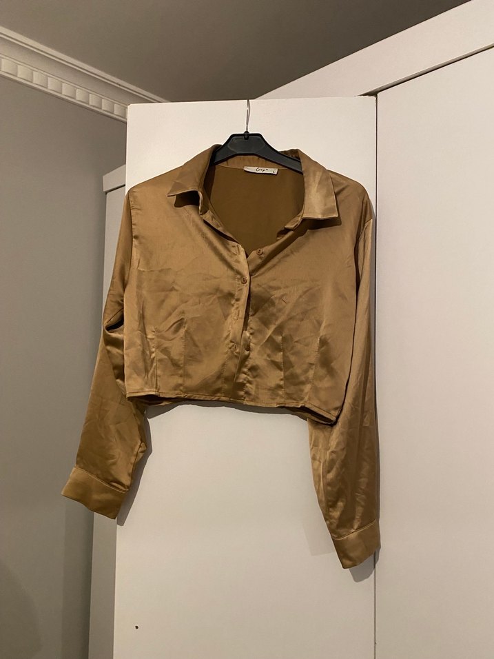 Bej Parlak Düğmeli Uzun Kollu Kadın Gömlek - Görsel 2