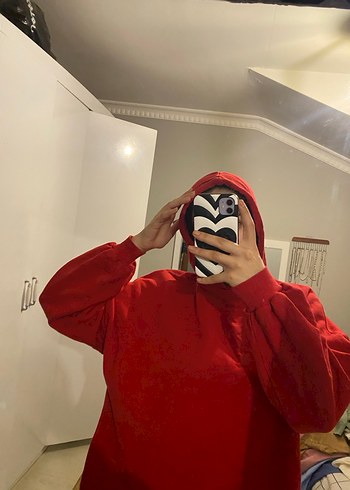 Kırmızı Kapüşonlu Salaş Sweatshirt - Görsel 2