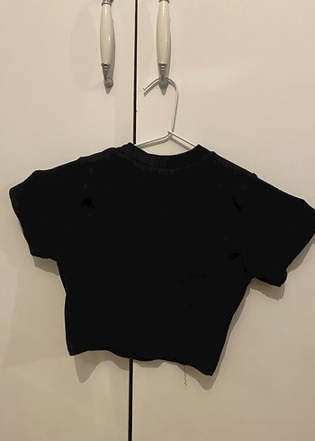 Siyah Kısa Kollu Denim Crop Top - Görsel 2