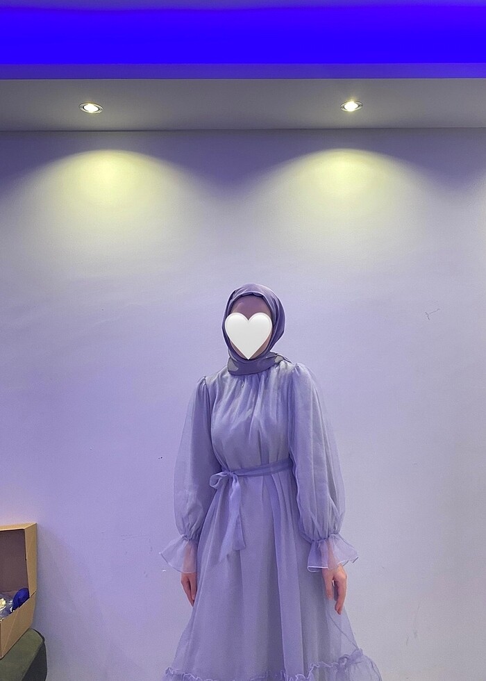 EMNORA Lila Tül Tesettür Abiye + Şal - Görsel 3