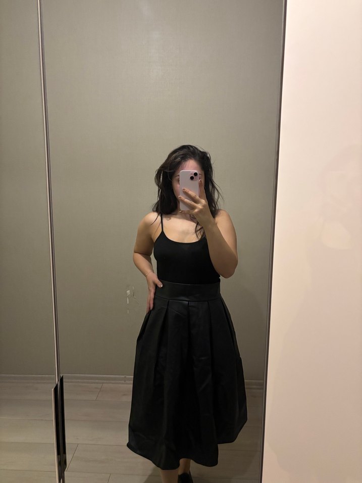 Siyah Kürklü Deri Midi Etek - Görsel 2