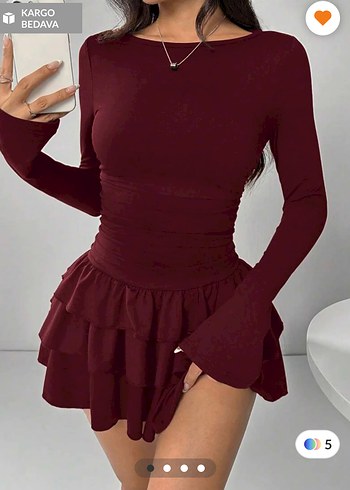 Bordo Uzun Kollu Mini Elbise - Görsel 2