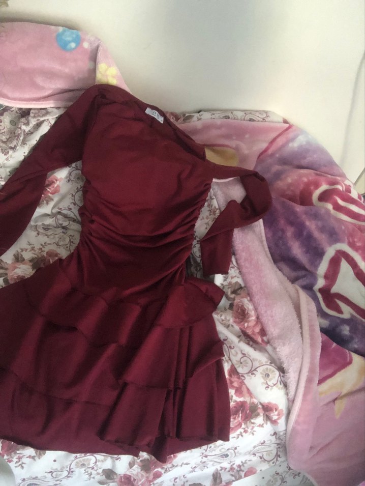 Bordo Uzun Kollu Mini Elbise - Görsel 3