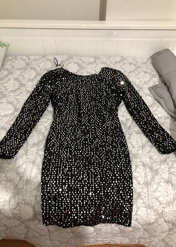 Siyah V Yaka Uzun Kollu Payetli Midi Elbise - Görsel 2