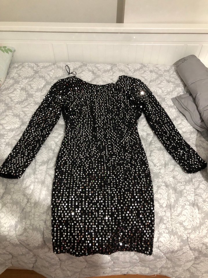 Siyah V Yaka Uzun Kollu Payetli Midi Elbise - Görsel 2