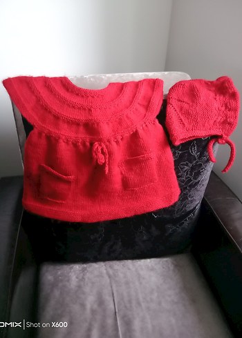 Kırmızı Örgü Kız Bebek Elbise ve Şapka Seti - Görsel 4