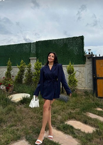 s Beden Lacivert Çizgili Kemerli Kadın Blazer