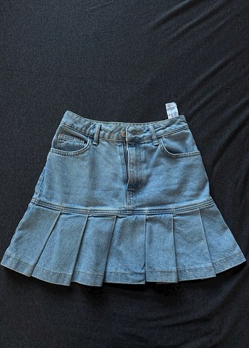 Kadın Mavi Pliseli Denim Mini Etek