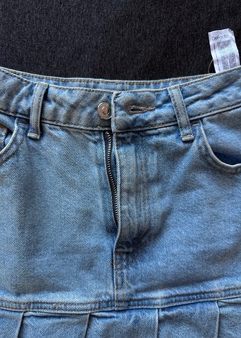 32 Beden mavi Renk Kadın Mavi Pliseli Denim Mini Etek