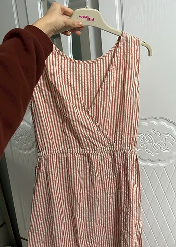 Bej Çizgili Keten Midi Elbise - Görsel 2