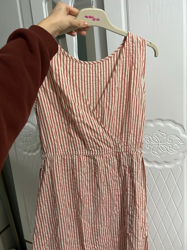 Bej Çizgili Keten Midi Elbise - Görsel 2