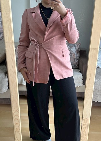 Pembe Kuşaklı Midi Kadın Blazer Ceket