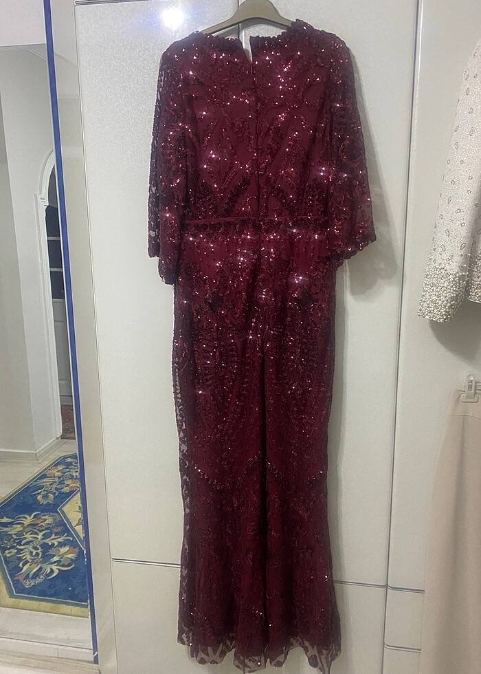 Pul payetli bordo balık büyük beden Tesettür Abiye - Görsel 2