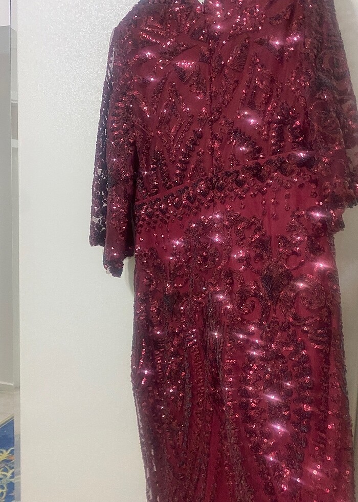 Pul payetli bordo balık büyük beden Tesettür Abiye - Görsel 5