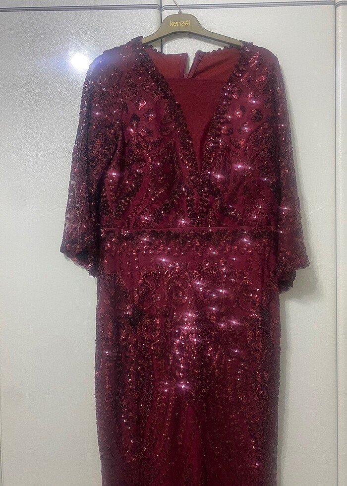 Pul payetli bordo balık büyük beden Tesettür Abiye - Görsel 3